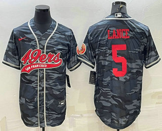 Men's San Francisco 49ers #5 Trey Lance Grey Camo With Patch Cool Base Stitched Baseball Jersey