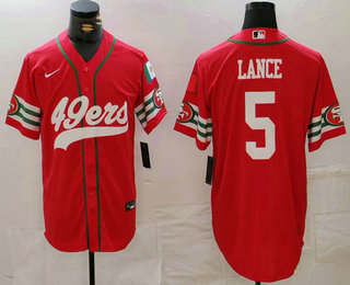 Men's San Francisco 49ers #5 Trey Lance Red Mexico Cool Base Stitched Baseball Jersey