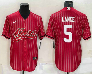 Men's San Francisco 49ers #5 Trey Lance Red Pinstripe With Patch Cool Base Stitched Baseball Jersey