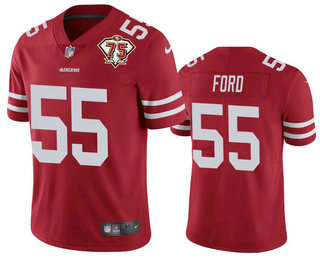 Men's San Francisco 49ers #55 Dee Ford Red 75th Anniversary Patch 2021 Vapor Untouchable Stitched Nike Limited Jersey