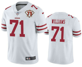 Men's San Francisco 49ers #71 Trent Williams White 75th Anniversary Patch 2021 Vapor Untouchable Stitched Nike Limited Jersey