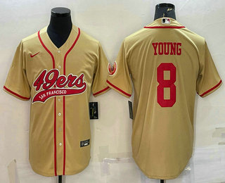 Men's San Francisco 49ers #8 Steve Young Gold With Patch Cool Base Stitched Baseball Jersey