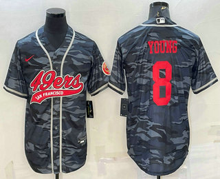 Men's San Francisco 49ers #8 Steve Young Grey Camo With Patch Cool Base Stitched Baseball Jersey