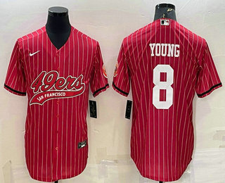 Men's San Francisco 49ers #8 Steve Young Red Pinstripe With Patch Cool Base Stitched Baseball Jersey