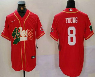 Men's San Francisco 49ers #8 Steve Young Red With Patch Cool Base Stitched Baseball Jersey