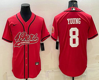 Men's San Francisco 49ers #8 Steve Young Red With Patch Cool Base Stitched Baseball Jersey