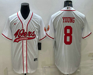 Men's San Francisco 49ers #8 Steve Young White With Patch Cool Base Stitched Baseball Jersey