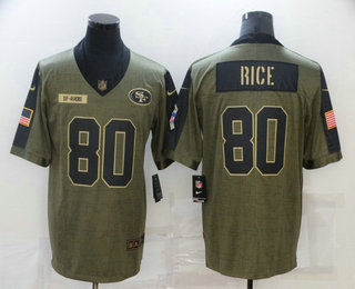 Men's San Francisco 49ers #80 Jerry Rice 2021 Olive Salute To Service Limited Stitched Jersey