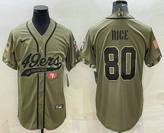 Men's San Francisco 49ers #80 Jerry Rice 2022 Olive Salute to Service Cool Base Stitched Baseball Jersey