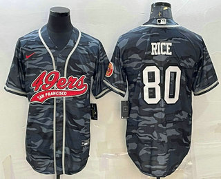 Men's San Francisco 49ers #80 Jerry Rice Grey Camo With Patch Cool Base Stitched Baseball Jersey