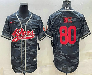 Men's San Francisco 49ers #80 Jerry Rice Grey Camo With Patch Cool Base Stitched Baseball Jersey