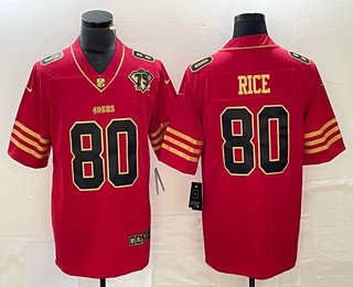 Men's San Francisco 49ers #80 Jerry Rice Red 75th Patch Golden Edition Stitched Nike Limited Jersey