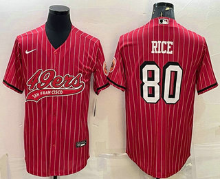 Men's San Francisco 49ers #80 Jerry Rice Red Pinstripe Color Rush With Patch Cool Base Stitched Baseball Jersey