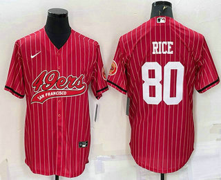 Men's San Francisco 49ers #80 Jerry Rice Red Pinstripe With Patch Cool Base Stitched Baseball Jersey