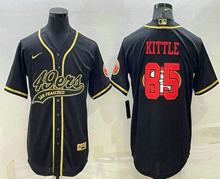 Men's San Francisco 49ers #85 George Kittle Black Gold Team Big Logo With Patch Cool Base Stitched Baseball Jersey