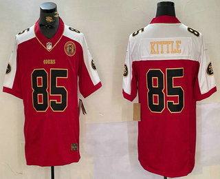 Men's San Francisco 49ers #85 George Kittle Red Gold FUSE Gate Bridge Patch Vapor Limited Stitched Jersey