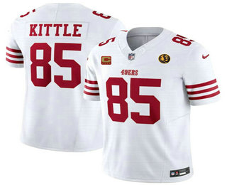 Men's San Francisco 49ers #85 George Kittle White C And John Madden Patch 2023 FUSE Vapor Limited Stitched Jersey