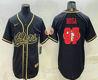 Men's San Francisco 49ers #97 Nick Bosa Black Gold Team Big Logo With Patch Cool Base Stitched Baseball Jersey