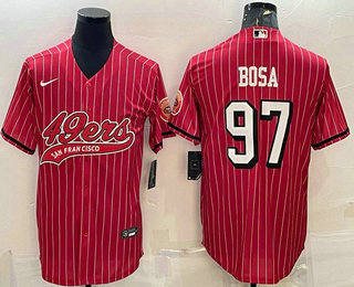 Men's San Francisco 49ers #97 Nick Bosa Red Pinstripe Color Rush With Patch Cool Base Stitched Baseball Jersey