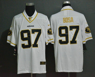 Men's San Francisco 49ers #97 Nick Bosa White 100th Season Golden Edition Jersey