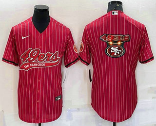 Men's San Francisco 49ers Red Pinstripe Team Big Logo With Patch Cool Base Stitched Baseball Jersey