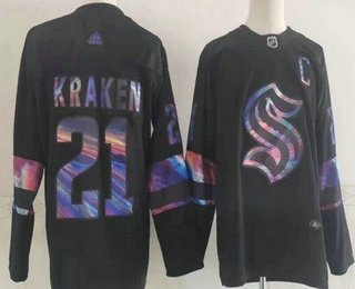 Men's Seattle Kraken #21 Kraken Black Iridescent Holographic Authentic Jersey