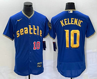 Men's Seattle Mariners #10 Jarred Kelenic Number Blue 2023 City Connect Flex Base Stitched Jersey 02