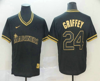 Men's Seattle Mariners #24 Ken Griffey Jr. Black Gold Nike Cooperstown Legend V Neck Jersey