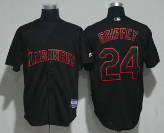 Men's Seattle Mariners #24 Ken Griffey Jr. Retired Lights Out Black Pinstripe Stitched MLB Majestic Cool Base Jersey