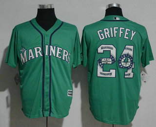 Men's Seattle Mariners #24 Ken Griffey Jr. Teal Green Team Logo Ornamented Stitched MLB Majestic Cool Base Jersey