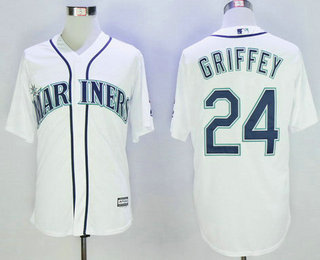 Men's Seattle Mariners #24 Ken Griffey Jr. White Cooperstown Collection Cool Base Jersey w2016 Hall Of Fame Patch