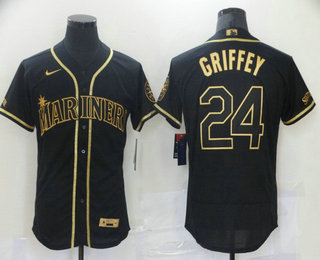 Men's Seattle Mariners #24 Ken Griffey Jr Black Gold Stitched MLB Flex Base Nike Jersey