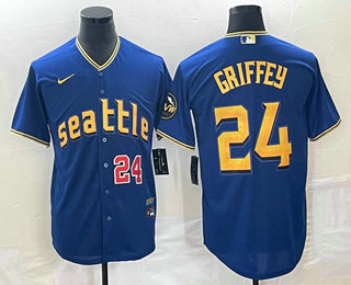 Men's Seattle Mariners #24 Ken Griffey Number Blue 2023 City Connect Cool Base Stitched Jersey 01