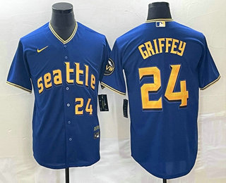 Men's Seattle Mariners #24 Ken Griffey Number Blue 2023 City Connect Cool Base Stitched Jersey 02
