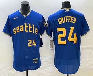 Men's Seattle Mariners #24 Ken Griffey Number Blue 2023 City Connect Flex Base Stitched Jersey 02