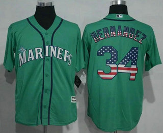 Men's Seattle Mariners #34 Felix Hernandez Green USA Flag Fashion MLB Baseball Jersey