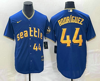 Men's Seattle Mariners #44 Julio Rodriguez Number Blue 2023 City Connect Cool Base Stitched Jersey 01