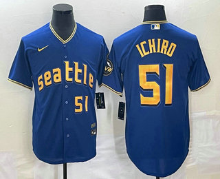 Men's Seattle Mariners #51 Ichiro Suzuki Number Blue 2023 City Connect Cool Base Stitched Jersey 02