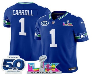 Men's Seattle Seahawks #1 Pete Carroll Limited Blue Super Bowl LX Patch And 50TH Throwback FUSE Vapor Jersey