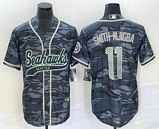 Men's Seattle Seahawks #11 Jaxon Smith Njigba Grey Camo With Patch Cool Base Stitched Baseball Jersey