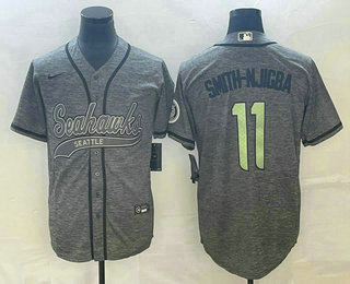 Men's Seattle Seahawks #11 Jaxon Smith Njigba Grey Gridiron With Patch Cool Base Stitched Baseball Jersey