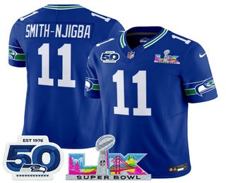 Men's Seattle Seahawks #11 Jaxon Smith-Njigba Limited Blue Super Bowl LX Patch And 50TH Throwback FUSE Vapor Jersey
