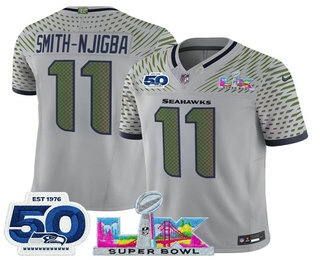 Men's Seattle Seahawks #11 Jaxon Smith-Njigba Limited Gray Super Bowl LX Patch And 50TH Rivalries FUSE Vapor Jersey