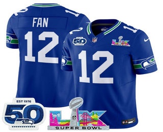 Men's Seattle Seahawks #12 Fan Limited Blue Super Bowl LX Patch And 50TH Throwback FUSE Vapor Jersey
