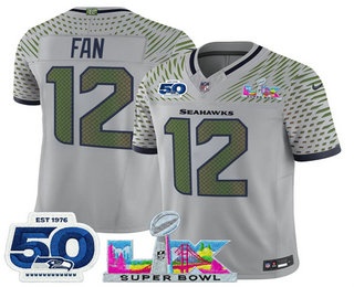 Men's Seattle Seahawks #12 Fan Limited Gray Super Bowl LX Patch And 50TH Rivalries FUSE Vapor Jersey