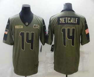 Men's Seattle Seahawks #14 DK Metcalf 2021 Olive Salute To Service Limited Stitched Jersey