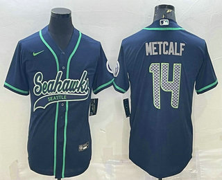 Men's Seattle Seahawks #14 DK Metcalf Navy Blue With Patch Cool Base Stitched Baseball Jersey