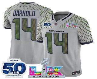 Men's Seattle Seahawks #14 Sam Darnold Limited Gray Super Bowl LX Patch And 50TH Rivalries FUSE Vapor Jersey