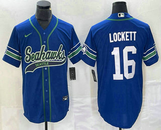 Men's Seattle Seahawks #16 Tyler Lockett Royal Throwback Cool Base Stitched Baseball Jersey