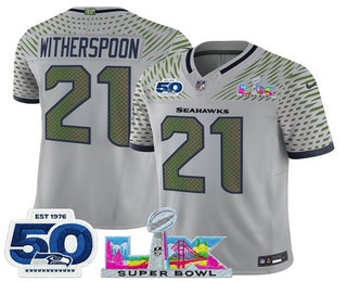 Men's Seattle Seahawks #21 Devon Witherspoon Limited Gray Super Bowl LX Patch And 50TH Rivalries FUSE Vapor Jersey